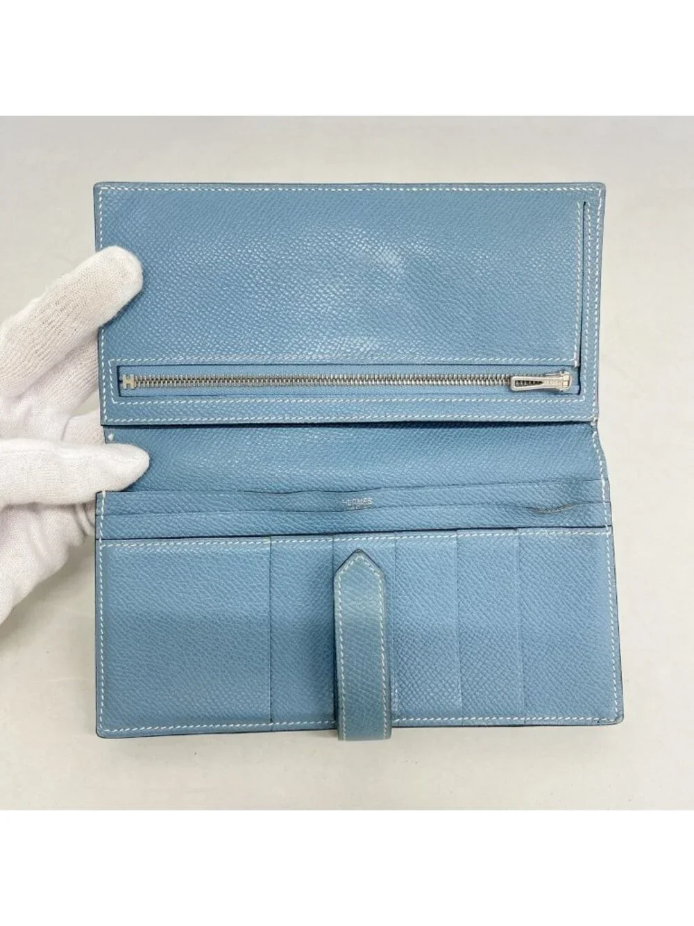 Hermes Wallet Bearn Souffle Veau Epsom Blue Jean Silver